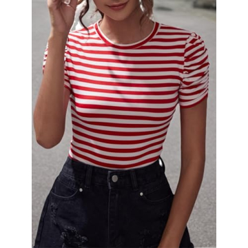 LilyCoco Women's Striped Puff Sleeve Top in Red White