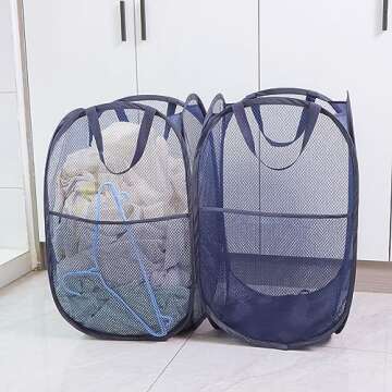 Foldable Mesh Popup Laundry Hamper,Laundry Basket Easy to Open and Fold for Dorm,Travel, College Dorms, and More (2 blue)