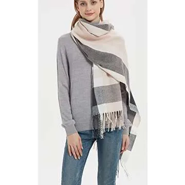 Stylish Wander Agio Women's Large Plaid Scarf - Grey Pink