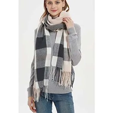 Stylish Wander Agio Women's Large Plaid Scarf - Grey Pink