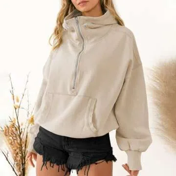 TBA High Neck Hoodies for Women Oversized Half Zip Drawstring Y2K Pullover Sweater Casual Long Sleev...