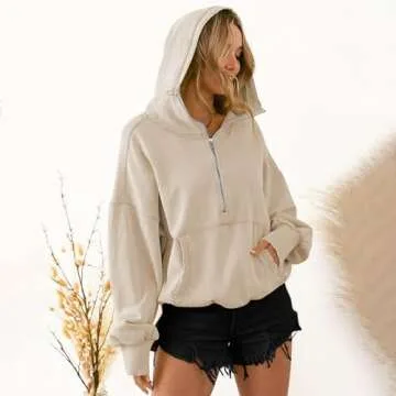 TBA High Neck Hoodies for Women Oversized Half Zip Drawstring Y2K Pullover Sweater Casual Long Sleeve Sweatshirt with Pockets Apricot