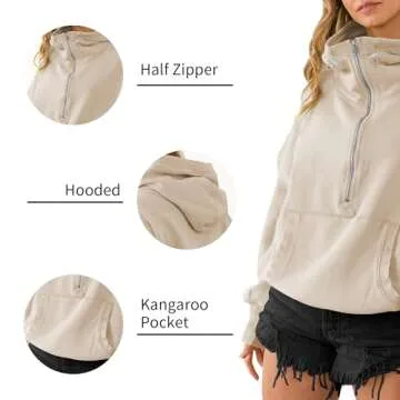 TBA High Neck Hoodies for Women Oversized Half Zip Drawstring Y2K Pullover Sweater Casual Long Sleeve Sweatshirt with Pockets Apricot