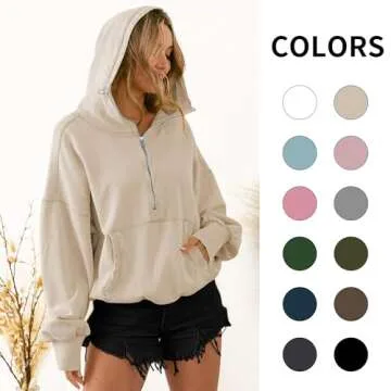 TBA High Neck Hoodies for Women Oversized Half Zip Drawstring Y2K Pullover Sweater Casual Long Sleeve Sweatshirt with Pockets Apricot