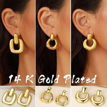 3 Pairs Gold Hoop Dangle Earrings for Women 14K Plated Chunky Statement Geometric Earrings Set Jewelry for Birthday Party Gift