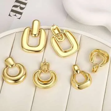 3 Pairs Gold Hoop Dangle Earrings for Women 14K Plated Chunky Statement Geometric Earrings Set Jewelry for Birthday Party Gift