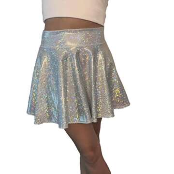 Silver Holographic Shattered Glass Skater Mini Skirt