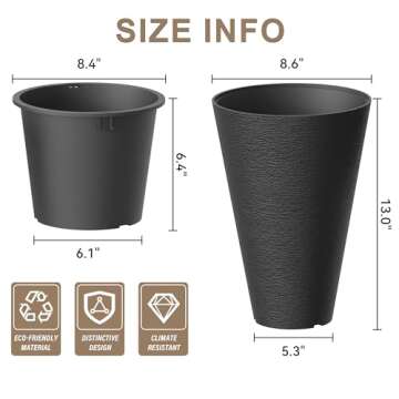 Kante Tall Round Planter Set of 2, 13 Inch Tall Decorative Planter Pots for Outdoor Indoor Garden Patio Front Porch (Black)