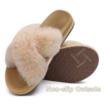 COFACE Womens Fuzzy Slides Fluff Fax Fur Cross Slippers Open Toe Yoga Mat House Slippers Sandals With Arch Support For Indoor/Outdoor