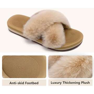 COFACE Womens Fuzzy Slides Fluff Fax Fur Cross Slippers Open Toe Yoga Mat House Slippers Sandals With Arch Support For Indoor/Outdoor