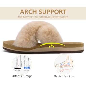 COFACE Womens Fuzzy Slides Fluff Fax Fur Cross Slippers Open Toe Yoga Mat House Slippers Sandals With Arch Support For Indoor/Outdoor