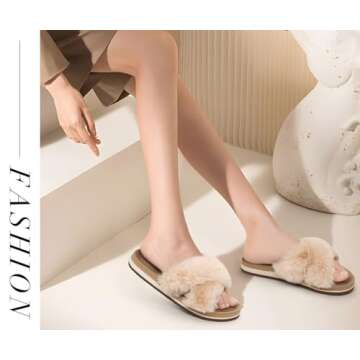 COFACE Womens Fuzzy Slides Fluff Fax Fur Cross Slippers Open Toe Yoga Mat House Slippers Sandals With Arch Support For Indoor/Outdoor