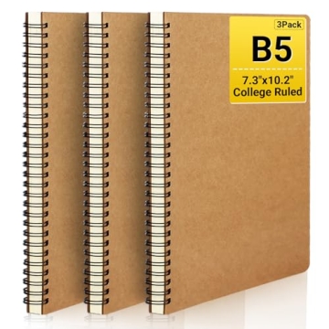 EUSOAR Spiral Notebook, B5 3 Pack 7.3"x10.2" 120 Pages Hardcover Kraft Lined College Ruled Travel Wr...