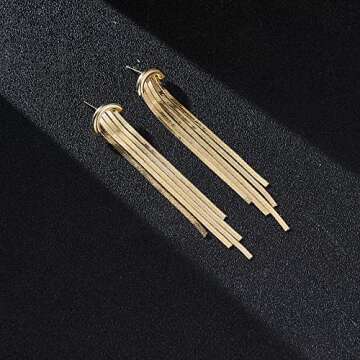 Aprilery Long Tassel Gold Dangle Earrings for Women, Trendy 14K Gold Plated Statement Drop Earrings Metal Chain Cocktail Party Jewelry for Her (Gold Cuff A)