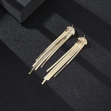 Aprilery Long Tassel Gold Dangle Earrings for Women, Trendy 14K Gold Plated Statement Drop Earrings Metal Chain Cocktail Party Jewelry for Her (Gold Cuff A)