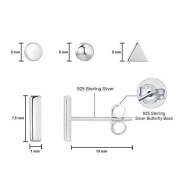 925 Sterling Silver Stud Earrings for Women, 4 Pairs 14K White Gold Plated Hypoallergenic Small Silv...