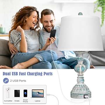 Farmhouse 3-Way Dimmable Touch Table Lamps with 2 USB Ports, Set of 2 Coastal Bedroom Bedside Reading Lamps, Modern Rustic Nightstand Desk Lamps for Living Room in Washed Blue, LED Bulbs Included
