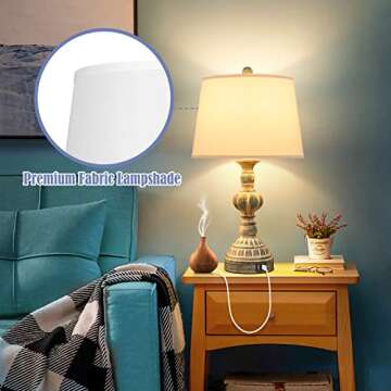 Farmhouse 3-Way Dimmable Touch Table Lamps with 2 USB Ports, Set of 2 Coastal Bedroom Bedside Reading Lamps, Modern Rustic Nightstand Desk Lamps for Living Room in Washed Blue, LED Bulbs Included