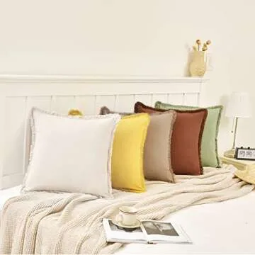 ZWJD Pillow Covers 22x22 Set of 2 Beige Throw Pillow Covers with Fringe Chic Cotton Decorative Pillows Square Cushion Covers for Sofa Couch Bed Living Room Farmhouse Boho Decor
