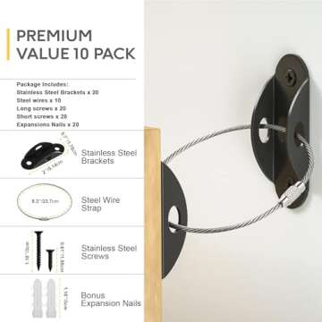 Booda Brand Furniture Anchors (10 Pack) Anti Tip Furniture Straps for Baby Proofing, 400lbs Tension Earthquake Resistant Metal Straps, Furniture Wall Anchor Prevent Baby Pet from Falling Furniture