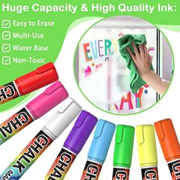 Jumbo Chalk Window Markers for Cars Glass Washable - 8 Colors Liquid Chalk Markers Pen with 10mm Wide Tips, Chalkboard Markers, Window Paint Markers for Car Windows, Auto, Blackboards, Windshield
