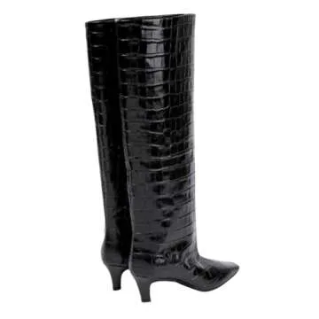 Beauty Cry Crocodile Black Knee High Boots Women Square Toe Low Kitten Heel Tall Boots