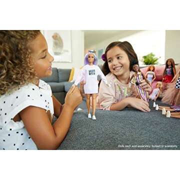 Barbie Fashionistas Doll with Long Rainbow Hair in Stylish Sweatshirt Dress with Accessories