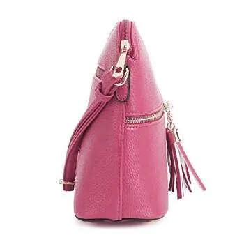 SG SUGU Lunar Lightweight Medium Dome Crossbody Bag Shoulder Bag with Double Tassels | Zipper Pocket | Adjustable Strap|Fuchsia