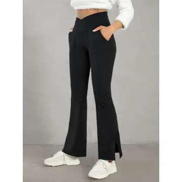 Women's Bootcut Yoga Pants Work Pants Crossover Split Hem Full Length Flare Leggings with Pocket Black
