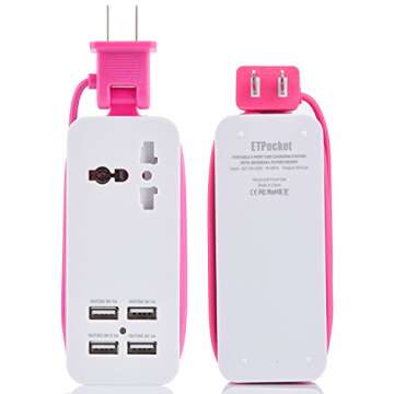 USB Power Strip, Portable Travel Charger Outlets 2.1AMP+1AMP 21W 1.5M/5ft Power Supply Cord with Universal Plug Wide Range Input 100v-240v Power Sockets USB charger station 4 Port USB Charger (Pink)