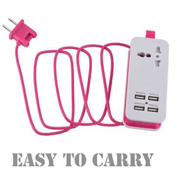 USB Power Strip, Portable Travel Charger Outlets 2.1AMP+1AMP 21W 1.5M/5ft Power Supply Cord with Universal Plug Wide Range Input 100v-240v Power Sockets USB charger station 4 Port USB Charger (Pink)