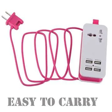 USB Power Strip, Portable Travel Charger Outlets 2.1AMP+1AMP 21W 1.5M/5ft Power Supply Cord with Universal Plug Wide Range Input 100v-240v Power Sockets USB charger station 4 Port USB Charger (Pink)