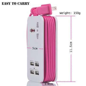 USB Power Strip, Portable Travel Charger Outlets 2.1AMP+1AMP 21W 1.5M/5ft Power Supply Cord with Universal Plug Wide Range Input 100v-240v Power Sockets USB charger station 4 Port USB Charger (Pink)