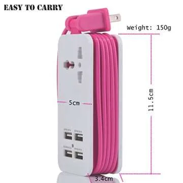 USB Power Strip, Portable Travel Charger Outlets 2.1AMP+1AMP 21W 1.5M/5ft Power Supply Cord with Universal Plug Wide Range Input 100v-240v Power Sockets USB charger station 4 Port USB Charger (Pink)