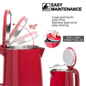 Secura Stainless Steel Double Wall Electric Kettle Water Heater for Tea Coffee w/Auto Shut-Off and Boil-Dry Protection, 1.0L (Red) SWK-1001DR/HB-K012