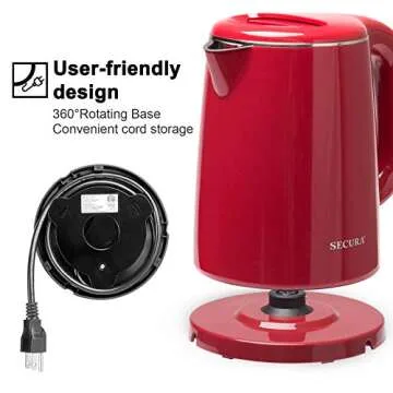 Secura Stainless Steel Double Wall Electric Kettle Water Heater for Tea Coffee w/Auto Shut-Off and Boil-Dry Protection, 1.0L (Red) SWK-1001DR/HB-K012