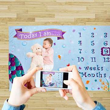 WERNNSAI Mermaid Baby Milestone Blanket - Fleece Weekly Monthly Blankets for Girls Newborn Infant Baby Shower Birthday Xmas Gift Photography Background Prop, 60” × 40”