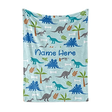 Personalized Light Blue Dinosaur Fleece Blanket for Kids - Ultra Soft & Washable