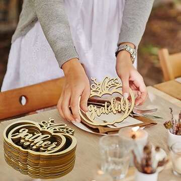 Qunclay 36 Pcs Thanksgiving Plate Decor Pumpkin Wood Cutouts Fall Thankful Blessed Thanksgiving Table Decor Fall Word Plate Sign Place Cards Settings for Autumn Rustic Letter Decorations