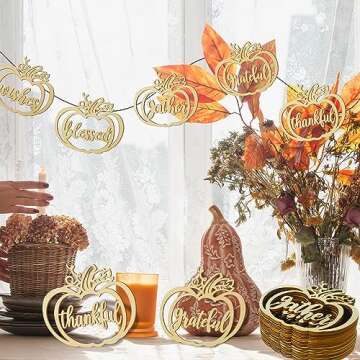 Qunclay 36 Pcs Thanksgiving Plate Decor Pumpkin Wood Cutouts Fall Thankful Blessed Thanksgiving Table Decor Fall Word Plate Sign Place Cards Settings for Autumn Rustic Letter Decorations