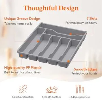 Lifewit Silverware Drawer Organizer Tray, Plastic Cutlery Storage for Kitchen Drawer, Flatware and Utensil Holder Divider for Spoons Forks Knives Tableware, 7 Compartment, Gray