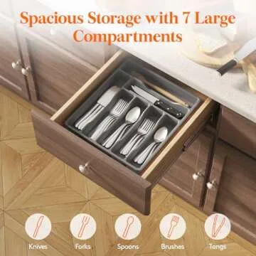 Lifewit Silverware Drawer Organizer Tray, Plastic Cutlery Storage for Kitchen Drawer, Flatware and Utensil Holder Divider for Spoons Forks Knives Tableware, 7 Compartment, Gray