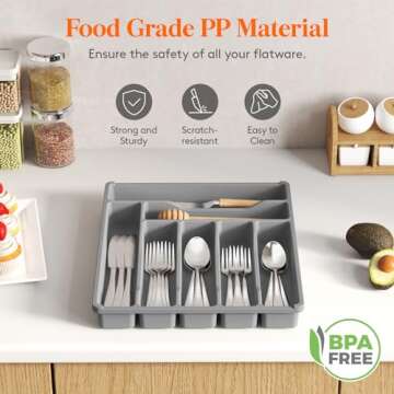 Lifewit Silverware Drawer Organizer Tray, Plastic Cutlery Storage for Kitchen Drawer, Flatware and Utensil Holder Divider for Spoons Forks Knives Tableware, 7 Compartment, Gray