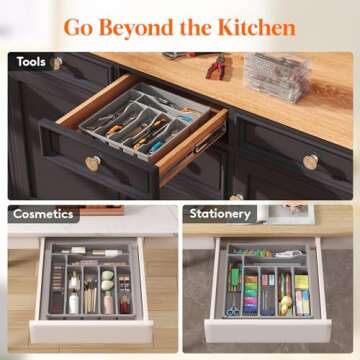 Lifewit Silverware Drawer Organizer Tray, Plastic Cutlery Storage for Kitchen Drawer, Flatware and Utensil Holder Divider for Spoons Forks Knives Tableware, 7 Compartment, Gray