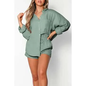 Trendy Queen Two Piece Sets For Women Summer Short Sets Beach Vcation Lounge Pajama 2 Piece Spring Outfits Fashion 2025 Green M