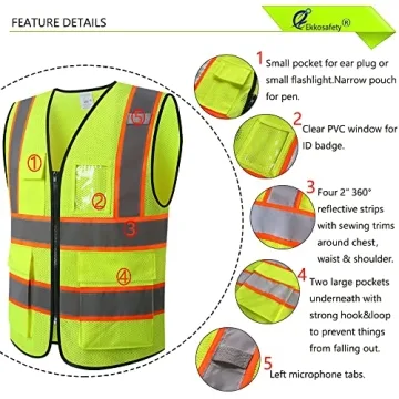 Reflective Mesh Safety Vest with 5 Pockets and Zipper Front