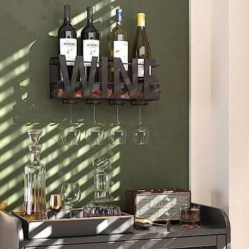 SODUKU Wall Mounted Metal Wine Rack - Wine Rack Wall Mount Wine Bottle Holder 4 Long Stem Glass Holder & Wine Cork Storage Wine