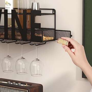 SODUKU Wall Mounted Metal Wine Rack - Wine Rack Wall Mount Wine Bottle Holder 4 Long Stem Glass Holder & Wine Cork Storage Wine