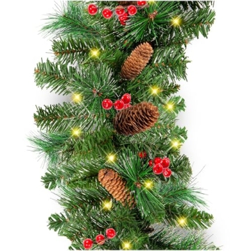 Pre-Lit 9ft Holiday Garland with LED Lights, Pine Cones & Berries