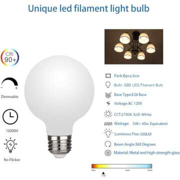 KGC LED Edison Globe Light Bulbs, Warm White 2700K CRI 90, LED Filament Light Bulb, 5W Equivalent to...
